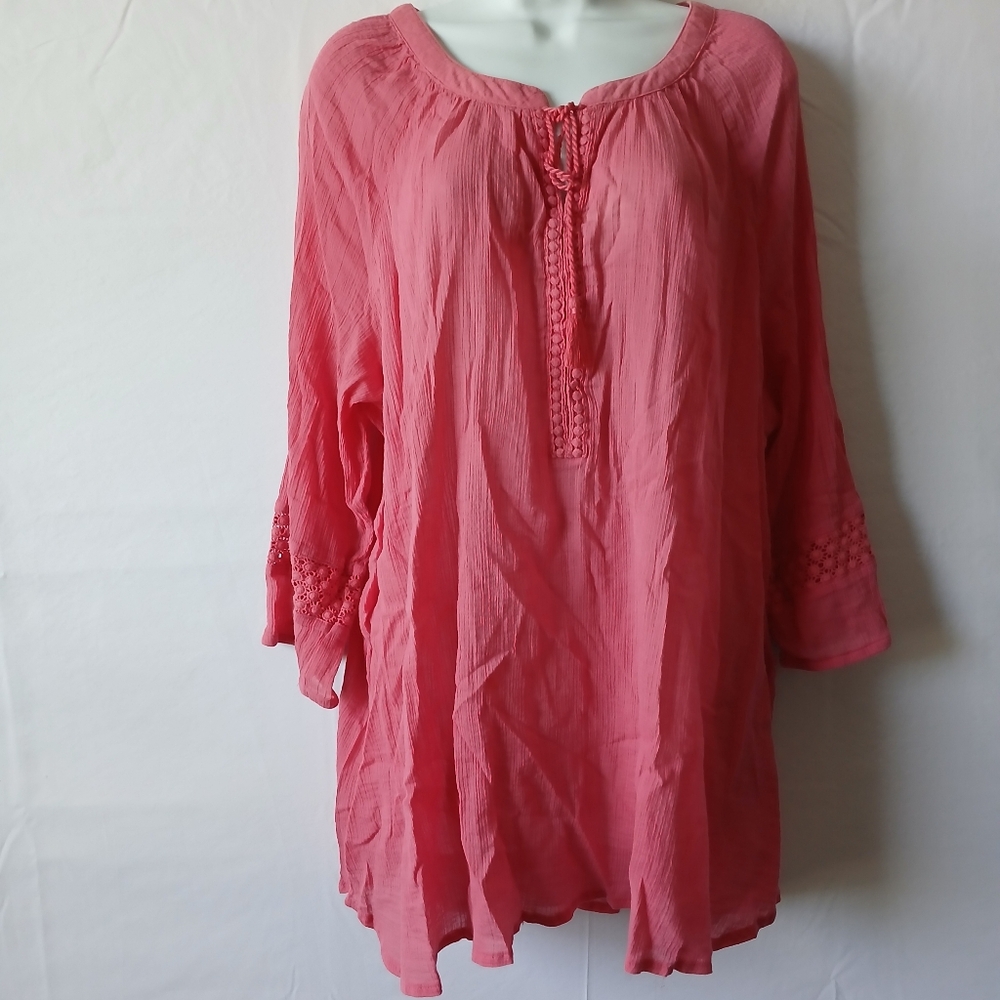 Lane Bryant Tunic Peach Crochet Tassles Sz 22 Lightweight Casual Boho Peasant